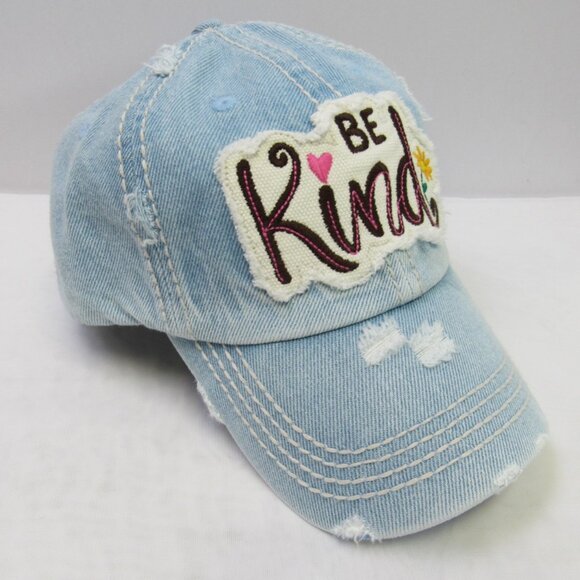 Women's Be Kind Blue Denim Vintage Distressed Baseball Hat Cap NEW - Picture 2 of 4
